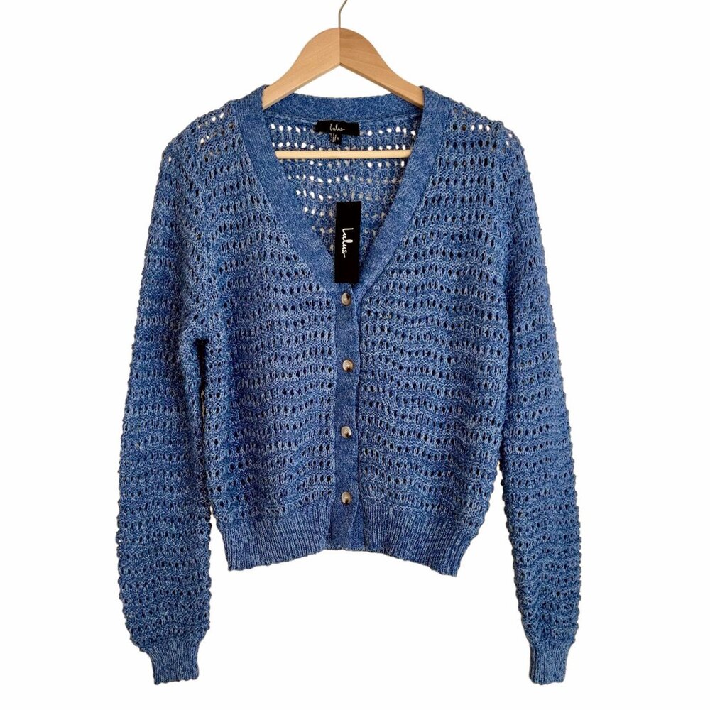 New Lulus Blue Crochet Knit Button Front V Neck Cardigan Sweater Women’s Size L